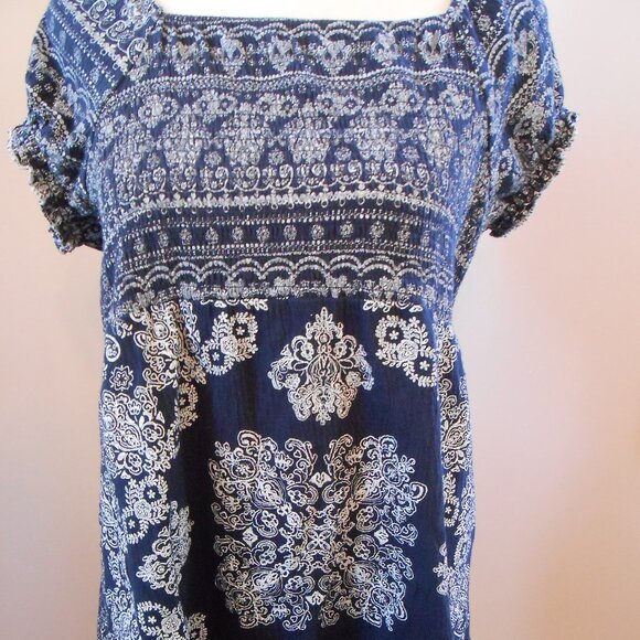 Roz & Ali Womens Navy Blue Short Sleeve Elastic Bodice Square Neck Boho Blouse-L - Picture 4 of 4